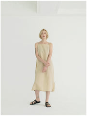 Sleeveless Linen Midi Dress with Side Slit and Tie-Back Detail for Women