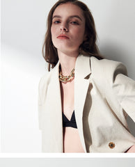 Tailored Short-Sleeve Linen Blazer With Notched Lapels And Double-Breasted Closure