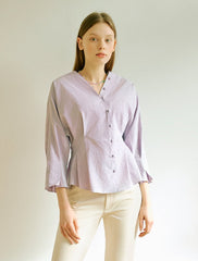 Women's Linen Blouse with V-Neck and Peplum Hem – Lightweight Button-Down 3/4 Sleeve Top