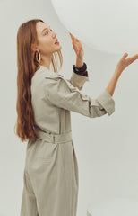 Wide-Leg Belted Linen Jumpsuit with Button Detail and Long Sleeves for Women