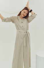 Wide-Leg Belted Linen Jumpsuit with Button Detail and Long Sleeves for Women