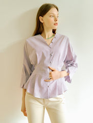 Women's Linen Blouse with V-Neck and Peplum Hem – Lightweight Button-Down 3/4 Sleeve Top