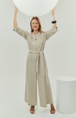 Wide-Leg Belted Linen Jumpsuit with Button Detail and Long Sleeves for Women