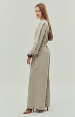 Wide-Leg Belted Linen Jumpsuit with Button Detail and Long Sleeves for Women