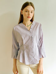 Women's Linen Blouse with V-Neck and Peplum Hem – Lightweight Button-Down 3/4 Sleeve Top