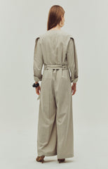 Wide-Leg Belted Linen Jumpsuit with Button Detail and Long Sleeves for Women