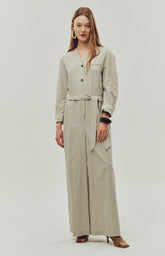 Wide-Leg Belted Linen Jumpsuit with Button Detail and Long Sleeves for Women
