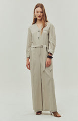 Wide-Leg Belted Linen Jumpsuit with Button Detail and Long Sleeves for Women