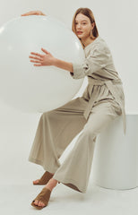 Wide-Leg Belted Linen Jumpsuit with Button Detail and Long Sleeves for Women