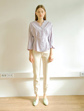 Women's Linen Blouse with V-Neck and Peplum Hem – Lightweight Button-Down 3/4 Sleeve Top