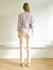 Women's Linen Blouse with V-Neck and Peplum Hem – Lightweight Button-Down 3/4 Sleeve Top