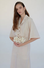 Elegant Button-Front Linen Midi Dress with Relaxed Fit and Flared Hem