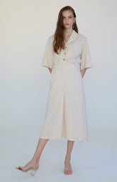 Elegant Button-Front Linen Midi Dress with Relaxed Fit and Flared Hem
