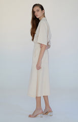 Elegant Button-Front Linen Midi Dress with Relaxed Fit and Flared Hem