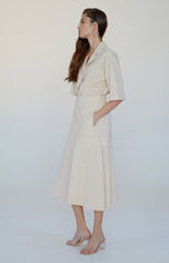 Elegant Button-Front Linen Midi Dress with Relaxed Fit and Flared Hem