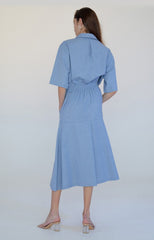 Elegant Button-Down Linen Midi Dress with Notched Collar and Flared Hemline