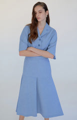 Elegant Button-Down Linen Midi Dress with Notched Collar and Flared Hemline
