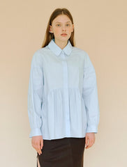 Women's Linen Button-Down Shirt with Gathered Waist and Long Sleeves – Tailored Fit Blouse