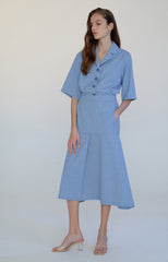 Elegant Button-Down Linen Midi Dress with Notched Collar and Flared Hemline