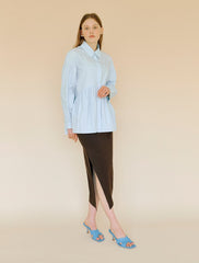 Women's Linen Button-Down Shirt with Gathered Waist and Long Sleeves – Tailored Fit Blouse