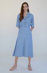Elegant Button-Down Linen Midi Dress with Notched Collar and Flared Hemline