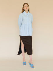 Women's Linen Button-Down Shirt with Gathered Waist and Long Sleeves – Tailored Fit Blouse