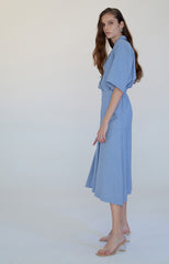 Elegant Button-Down Linen Midi Dress with Notched Collar and Flared Hemline