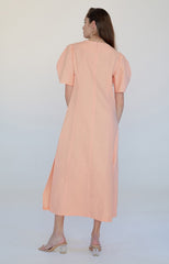 Elegant Linen Midi Dress With V-Neckline And Puff Sleeves For Refined Summer Styling