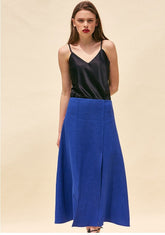 High-Waisted Linen Midi Skirt with Front Slit and Flared Hem for Effortless Summer Elegance