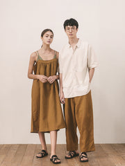 Women's Relaxed Fit Linen Midi Dress with Double Shoulder Straps – Lightweight Summer Dress