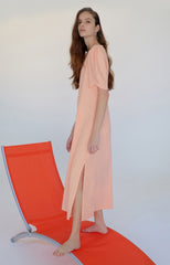 Elegant Linen Midi Dress With V-Neckline And Puff Sleeves For Refined Summer Styling