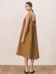 Women's Relaxed Fit Linen Midi Dress with Double Shoulder Straps – Lightweight Summer Dress