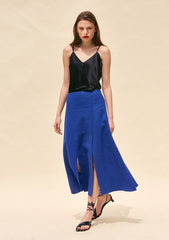 High-Waisted Linen Midi Skirt with Front Slit and Flared Hem for Effortless Summer Elegance