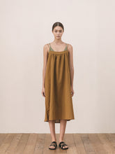 Women's Relaxed Fit Linen Midi Dress with Double Shoulder Straps – Lightweight Summer Dress