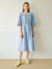 Women's Cotton Poplin Midi Dress with Gathered Bodice and Puff Sleeves – Summer A-Line Dress