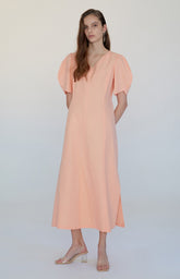 Elegant Linen Midi Dress With V-Neckline And Puff Sleeves For Refined Summer Styling
