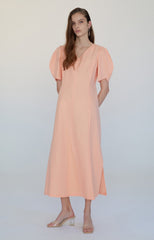 Elegant Linen Midi Dress With V-Neckline And Puff Sleeves For Refined Summer Styling