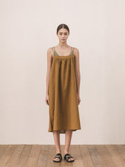 Women's Relaxed Fit Linen Midi Dress with Double Shoulder Straps – Lightweight Summer Dress