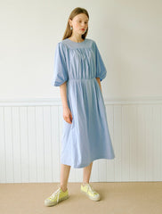 Women's Cotton Poplin Midi Dress with Gathered Bodice and Puff Sleeves – Summer A-Line Dress