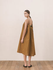 Women's Relaxed Fit Linen Midi Dress with Double Shoulder Straps – Lightweight Summer Dress