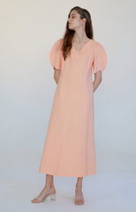 Elegant Linen Midi Dress With V-Neckline And Puff Sleeves For Refined Summer Styling