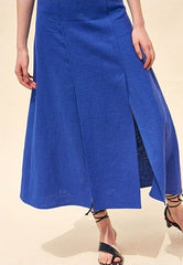 High-Waisted Linen Midi Skirt with Front Slit and Flared Hem for Effortless Summer Elegance