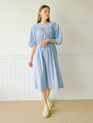 Women's Cotton Poplin Midi Dress with Gathered Bodice and Puff Sleeves – Summer A-Line Dress
