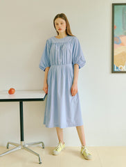Women's Cotton Poplin Midi Dress with Gathered Bodice and Puff Sleeves – Summer A-Line Dress