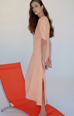 Elegant Linen Midi Dress With V-Neckline And Puff Sleeves For Refined Summer Styling