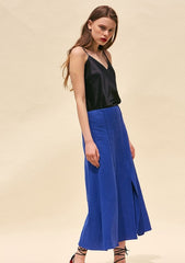 High-Waisted Linen Midi Skirt with Front Slit and Flared Hem for Effortless Summer Elegance