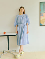 Women's Cotton Poplin Midi Dress with Gathered Bodice and Puff Sleeves – Summer A-Line Dress
