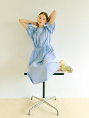 Women's Cotton Poplin Midi Dress with Gathered Bodice and Puff Sleeves – Summer A-Line Dress