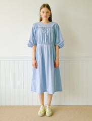 Women's Cotton Poplin Midi Dress with Gathered Bodice and Puff Sleeves – Summer A-Line Dress