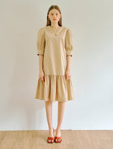 Women's Linen Mini Dress with Puff Sleeves and Drop Waist – Short A-Line Dress with Tie Back